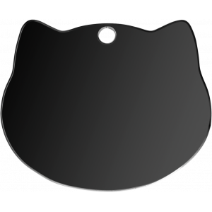 Katteansigt sort Kattetegn Sort ID-mærke i form af kattehoved, med elegant finish og centralt hul til nem fastgørelse på halsbånd.
