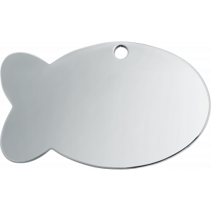 Fisk sølv Kattetegn Lille sølv kæledyrstegn i fiskefacon, 30 × 20 mm, i rustfrit stål med hul til montering på halsbånd.