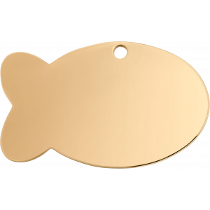 Fisk guld Kattetegn Guldfarvet fiskformet kæledyrstegn i rustfrit stål, 30 × 20 mm, med glat finish og hul til halsbånd.