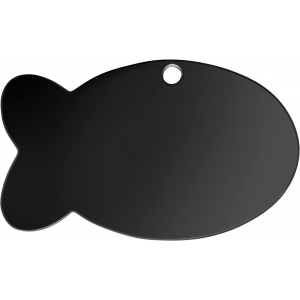 Fisk sort Kattetegn Spejlblank sort fiskformet kæledyrstegn i rustfrit stål, 30 × 20 mm, med afrundede kanter og hul til halsbånd.