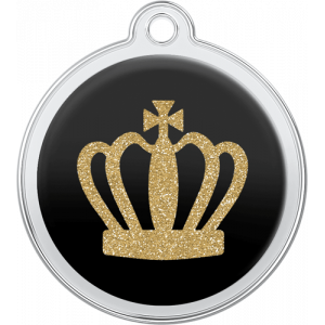Kongekronedesign Hundetegn Sort Sort rundt hundetegn i rustfrit stål, 30 × 33 mm, med glitrende guldkronemotiv og hul til halsbånd.