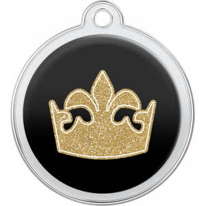 Dronningekronedesign Hundetegn Sort Sort rundt hundetegn i rustfrit stål, 30 × 33 mm, med glitrende guldkronemotiv og hul til halsbånd.