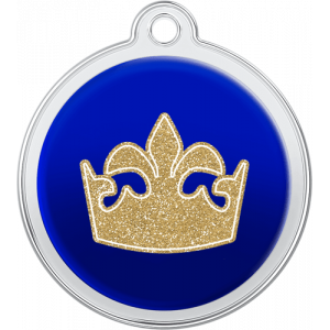 Dronningekronedesign Hundetegn Blå Blåt rundt hundetegn i rustfrit stål, 30 × 33 mm, med guldfarvet glitrende dronningekrone og hul til fastgørelse.