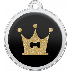 Kødben-kronedesign Hundetegn Sort Sort rundt hundetegn i rustfrit stål, 30 × 33 mm, med glitrende guld krone-og-benmotiv og hul til halsbånd.