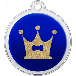 Kødben-kronedesign Hundetegn Blå Blåt rundt hundetegn i rustfrit stål, 30 × 33 mm, med glitrende guld krone-og-benmotiv og hul foroven.