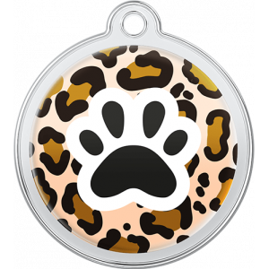 Dyreprintdesign Hundetegn Gepard Rundt hundetegn i rustfrit stål, 30 × 33 mm, med leopardmønster og sort pote, hul til fastgørelse.