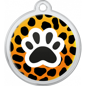 Dyreprintdesign Hundetegn Leopard Orange leopardmønstret hundetegn i rustfrit stål, 30 × 33 mm, med sort pote og hul til halsbånd.