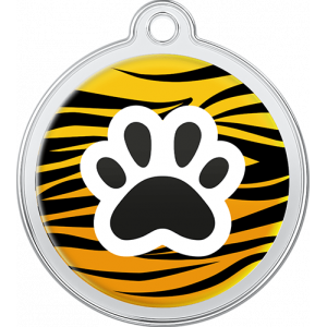 Dyreprintdesign Hundetegn Tiger Hundetegn med tigermønster i rustfrit stål, 30 × 33 mm, rundt design med sort pote og hul til halsbånd.