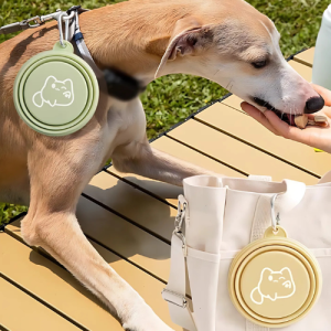 Hund nyder godbid udendørs med grøn foldeskål ved linen og beige skål fastgjort til hvid taske i baggrunden.
