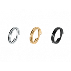 Rustfrit Stål Split Ringe Sæt med tre splitringe i rustfrit stål, 10 mm – sølv, guld og sort – med poleret rustfri finish til hundetegn.