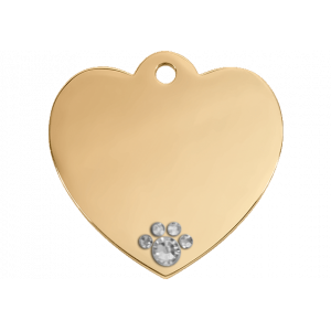 Hjerte Guld Hundetegn Luksus Guldfarvet hundetegn i hjerteform med glitrende krystalpote og personlig gravering i rustfrit stål.